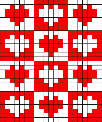 Counted cross stitch chart - red hearts in squares